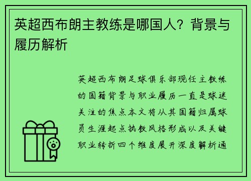 英超西布朗主教练是哪国人？背景与履历解析